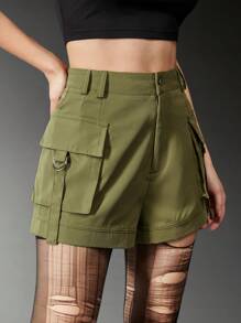ROMWE Grunge Punk Solid Flap Pocket Shorts - Army Green - View 6