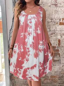 SHEIN Clasi Plus Size Boho Tie Dye Fold Pleated Detail Tank Dress, For Summer - Pink - View 4