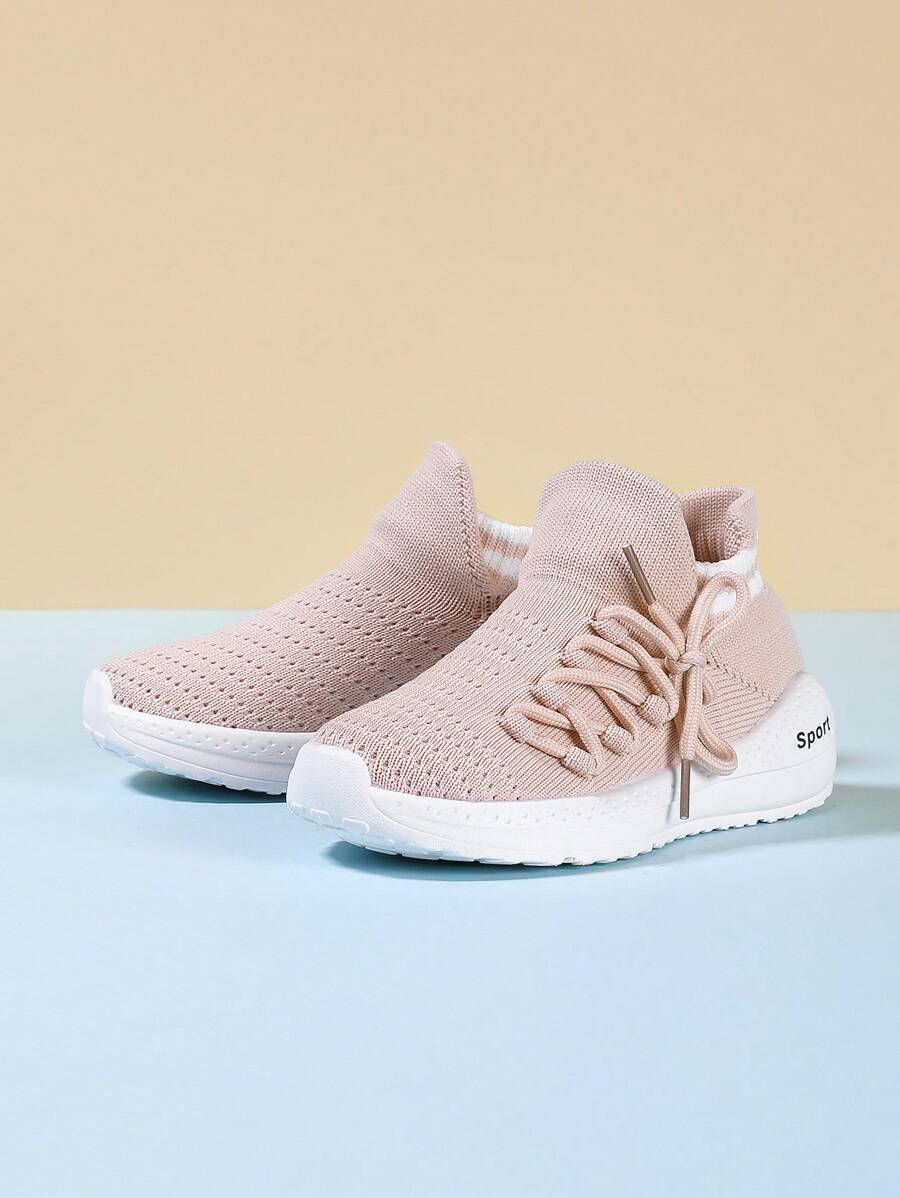 女孩字母圖案繫帶織物襪型運動鞋適用於戶外 - 粉色 - 查看 1