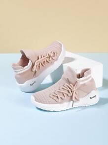 女孩字母圖案繫帶織物襪型運動鞋適用於戶外 - 粉色 - 查看 2