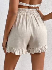 SHEIN VCAY Quần đùi nữ Nút Viên lá sen Dây kéo màu trơn Giải trí - Màu be - Xem 2