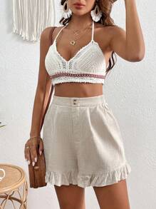 SHEIN VCAY Quần đùi nữ Nút Viên lá sen Dây kéo màu trơn Giải trí - Màu be - Xem 5