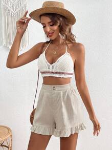 SHEIN VCAY Quần đùi nữ Nút Viên lá sen Dây kéo màu trơn Giải trí - Màu be - Xem 6