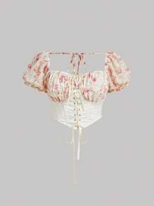 SHEIN MOD 大碼印花前繫帶泡泡袖襯衫 - 彩色 - 查看 2