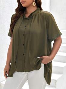 SHEIN Frenchy Camisa unicolor con botón delantero - Verde militar - Ver 4