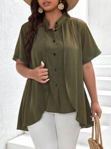 SHEIN Frenchy Camisa unicolor con botón delantero - Verde militar - Ver 1