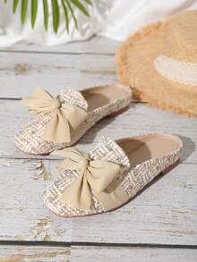 Preppy Mule Flats For Women, Geometric Pattern Bow Decor Slip-on Flats - Multicolor - View 6