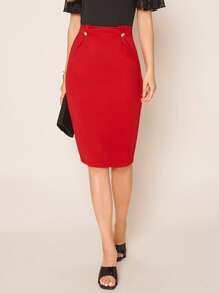 SHEIN Clasi Solid Button Detail Pencil Skirt - Red - View 3