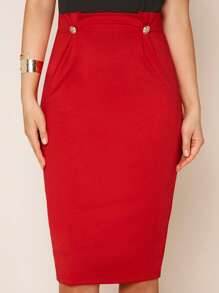 SHEIN Clasi Solid Button Detail Pencil Skirt - Red - View 5