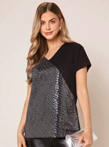 SHEIN Clasi Áo thun nữ ghép mộng kim sa màu trơn Buổi tiệc - màu đen - Xem 3