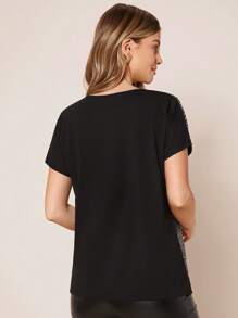 SHEIN Clasi Áo thun nữ ghép mộng kim sa màu trơn Buổi tiệc - màu đen - Xem 2