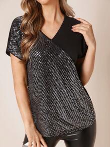 SHEIN Clasi Áo thun nữ ghép mộng kim sa màu trơn Buổi tiệc - màu đen - Xem 4