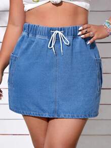 SHEIN EZwear Plus Drawstring Waist Dual Pocket Side Denim Skirt - Medium Wash - View 4