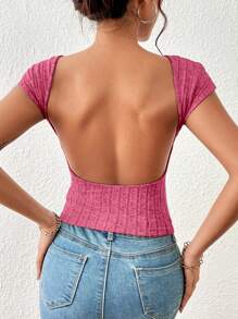 SHEIN Privé Solid Backless Ribbed Knit Tee - Pink - View 3