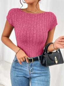SHEIN Privé Solid Backless Ribbed Knit Tee - Pink - View 6