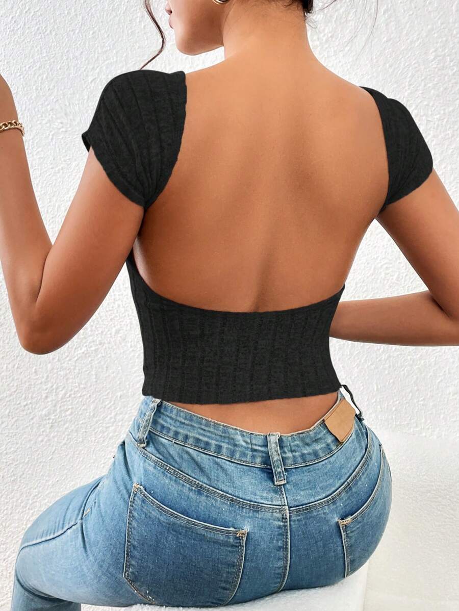 SHEIN Privé Solid Backless Crop Tee - Black - View 1