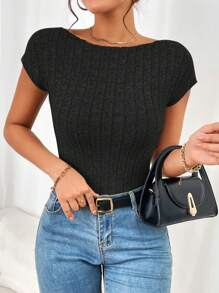 SHEIN Privé Solid Backless Crop Tee - Black - View 5