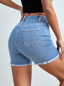 SHEIN PETITE Ripped Raw Hem Denim Shorts - Light Wash - View 2