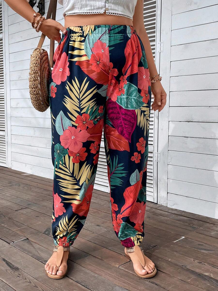 SHEIN Holidaya Plus Tropical Print Carrot Pants