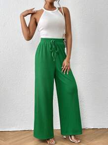 SHEIN Frenchy 素色腰上打結闊腿褲 - 綠色 - 查看 3
