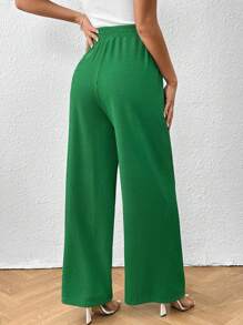SHEIN Frenchy 素色腰上打結闊腿褲 - 綠色 - 查看 5