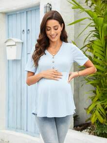 Áo thun Bà bầu Nút phía trước màu trơn Giải trí - Màu xanh nhạt - Xem 5