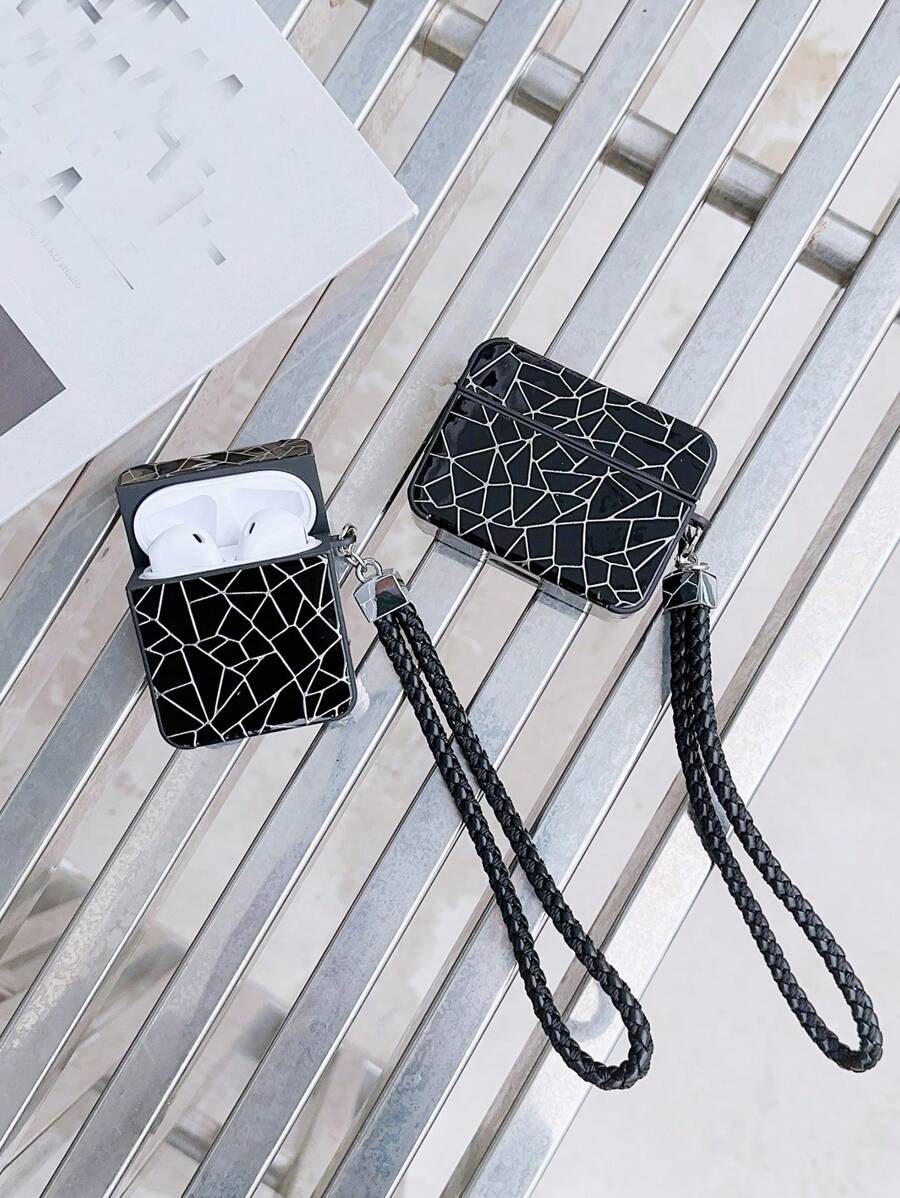 幾何線條圖案印花耳機盒 - 黑色 - 查看 1