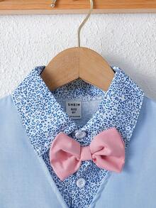 SHEIN 男孩豹紋印花前蝴蝶結生日派對襯衫和馬甲和短褲 - 藍色 - 查看 4