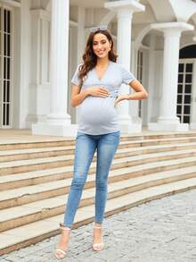 Kaos Ibu Hamil Model V-Neck Berlipit Lengan Pendek Kasual Musim Panas - Grey - View 4
