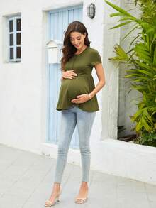 Maternity Button Front Peplum Tee - Army Green - View 5