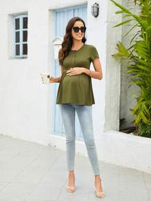 Maternity Button Front Peplum Tee - Army Green - View 6