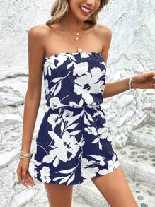 SHEIN VCAY Áo liền quần nữ Lộ Lưng Hoa Tất cả trên in Boho - Màu xanh hải quân - Xem 3