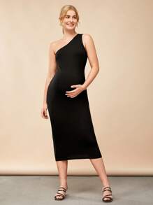 SHEIN Maternity One Shoulder Solid Bodycon Dress - Black - View 4