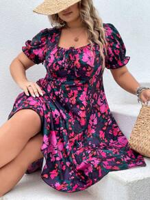 SHEIN Holidaya Plus Floral Print Puff Sleeve Dress