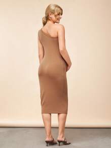 SHEIN 孕婦單肩素色緊身連衣裙 - 卡其色 - 查看 2
