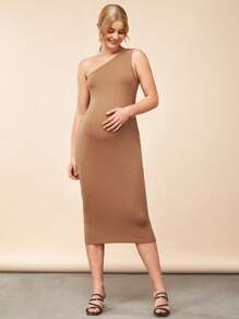 SHEIN 孕婦單肩素色緊身連衣裙 - 卡其色 - 查看 4