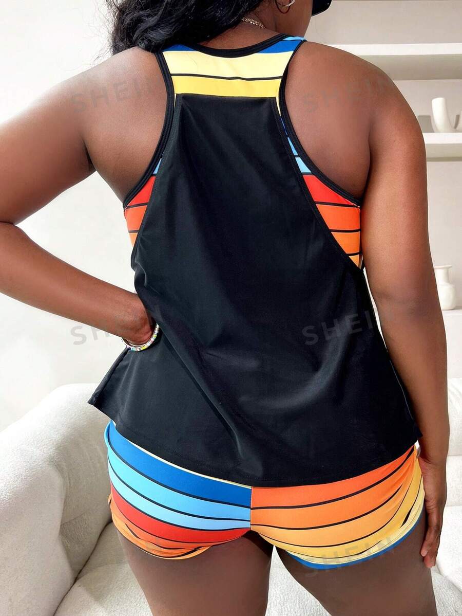 SHEIN Swim Curve Summer Beach Plus Size Striped & Tropical Print