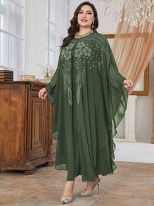 Al Najma Plus Rhinestone Detail Mesh Overlay Dress Women Outfit - Army Green - View 1