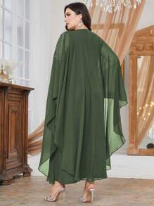 Al Najma Plus Rhinestone Detail Mesh Overlay Dress Women Outfit - Army Green - View 2