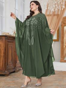 Al Najma Plus Rhinestone Detail Mesh Overlay Dress Women Outfit - Army Green - View 5