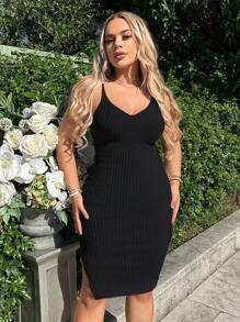 SHEIN SXY Ladies áo len váy Chia Gân đan màu trơn Giải trí - màu đen - Xem 1