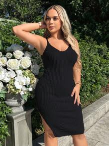 SHEIN SXY Ladies áo len váy Chia Gân đan màu trơn Giải trí - màu đen - Xem 3
