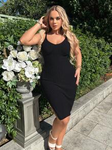 SHEIN SXY Ladies áo len váy Chia Gân đan màu trơn Giải trí - màu đen - Xem 5