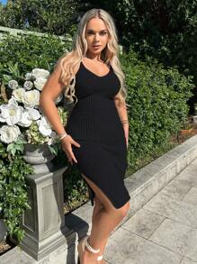 SHEIN SXY Ladies áo len váy Chia Gân đan màu trơn Giải trí - màu đen - Xem 6