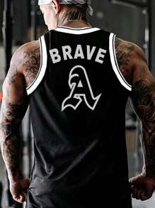 Manfinity Sport PWRUP Hombres Top tank deportivo con estampado de letra ribete en contraste - Negro - Ver 1