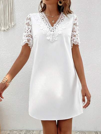 SHEIN VCAY Guipure Lace Panel Tunic Dress