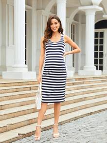 Maternity Summer Casual Vacation Style Colorblock Striped Print Fitted Sleeveless Dress - Blue and White - View 6
