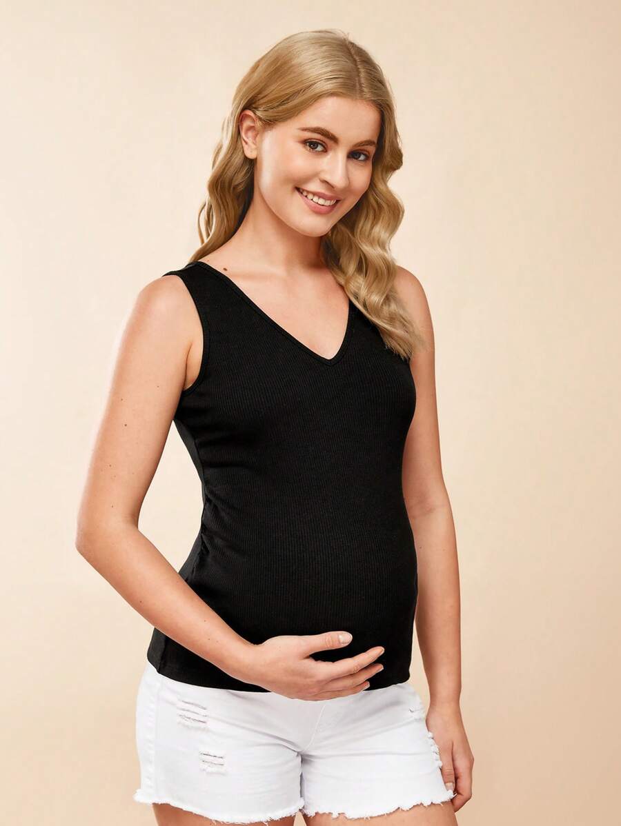 SHEIN 孕婦V領背心上衣 - 黑色 - 查看 1