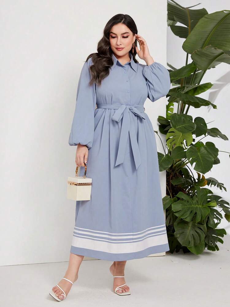 Plus Striped Print Lantern Sleeve Belted Shirt Dress