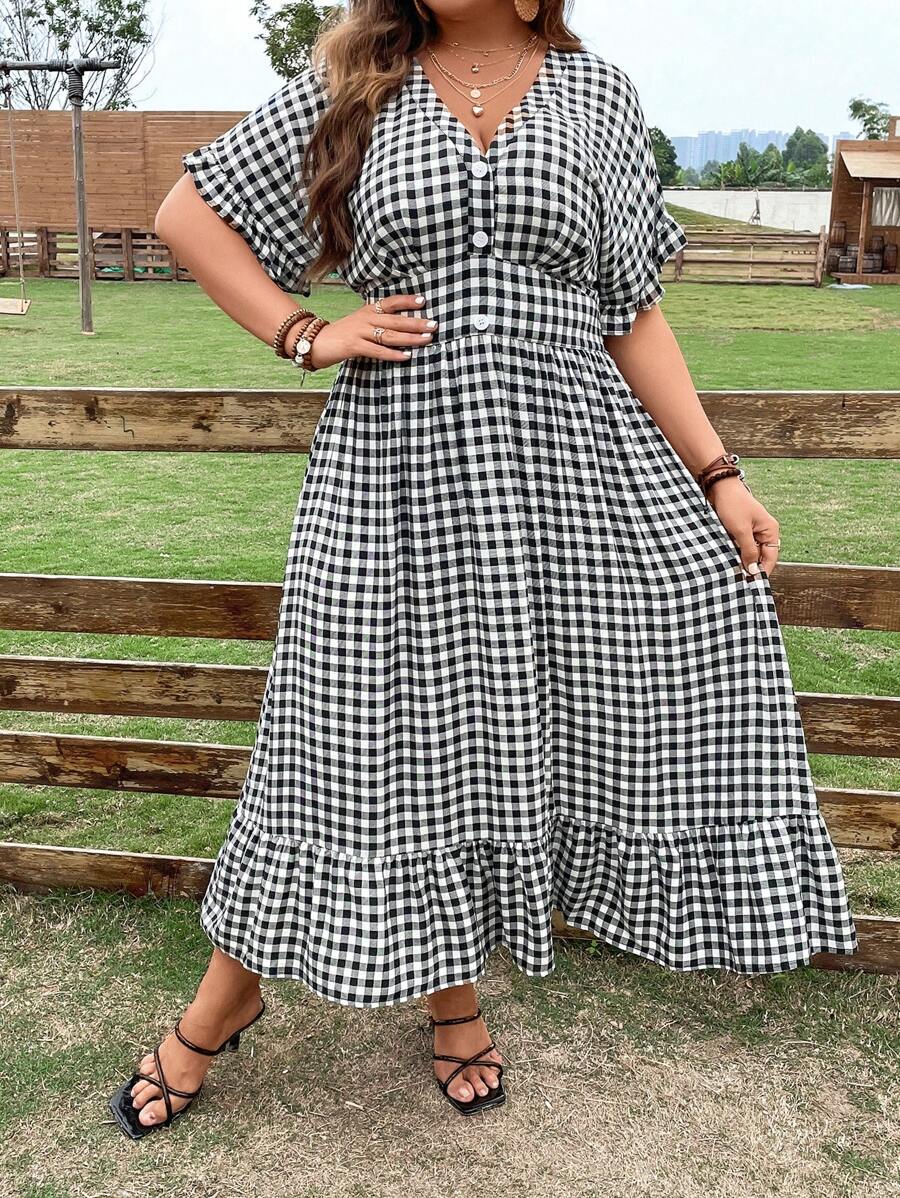 SHEIN LUNE 大碼格子圖案蝙蝠袖荷葉邊洋裝 - 黑與白 - 查看 1